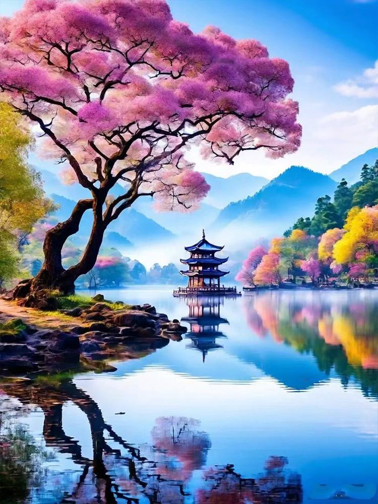 5D DIY Diamond Painting Landscape Mosaic Landscape Mountains and SeasSakura Tree Cross Embroidery Home Wall Art Decoration