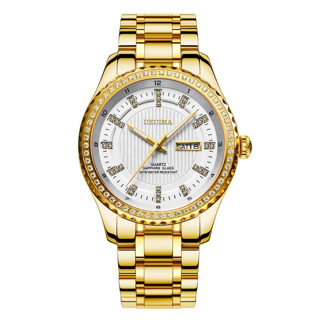 Top Fashion Men's Diamond Double Calendar Waterproof Luminous Watch Solid Stainless Steel Strap Butterfly Buckle Business Clock Male Gold