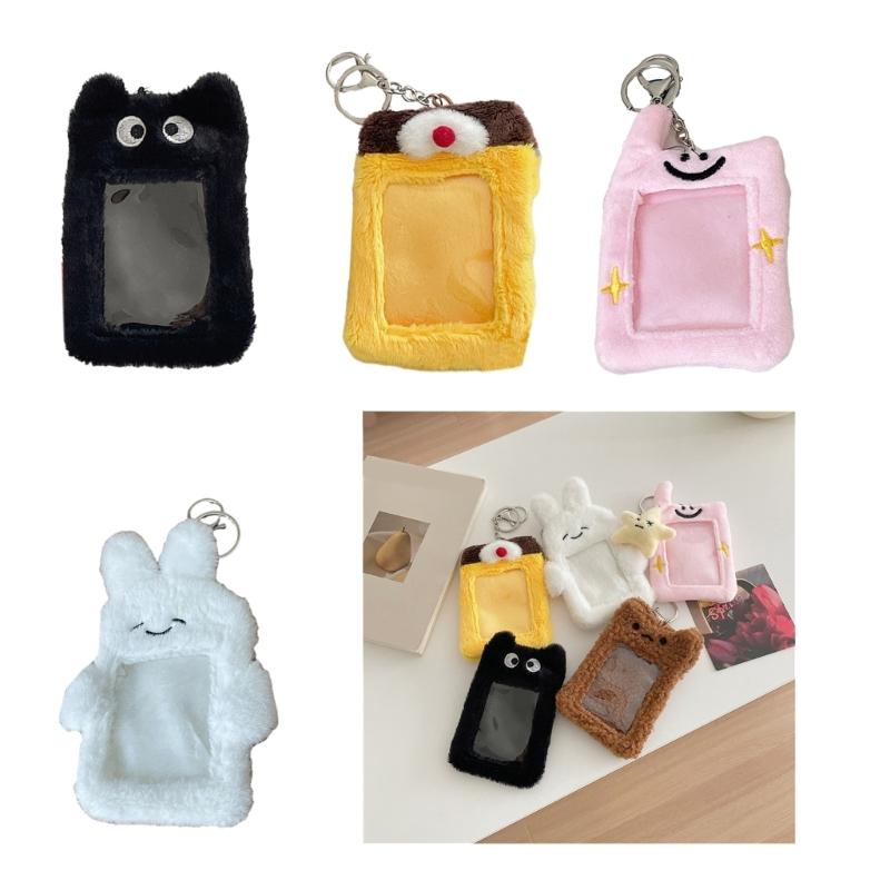 Soft Plush Photocard Holder ID Credit Case with Keychain Cartoon Pendant 3 Inch Photo Card Holders Card Protector School