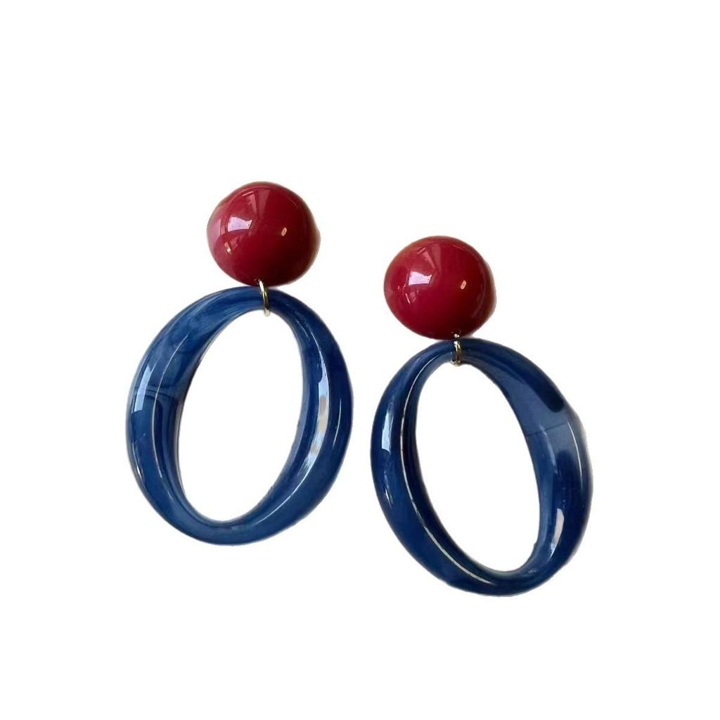 Red & Blue Circle Earrings: High-Class Hong Kong Retro Studs - Unique & Exaggerated Design