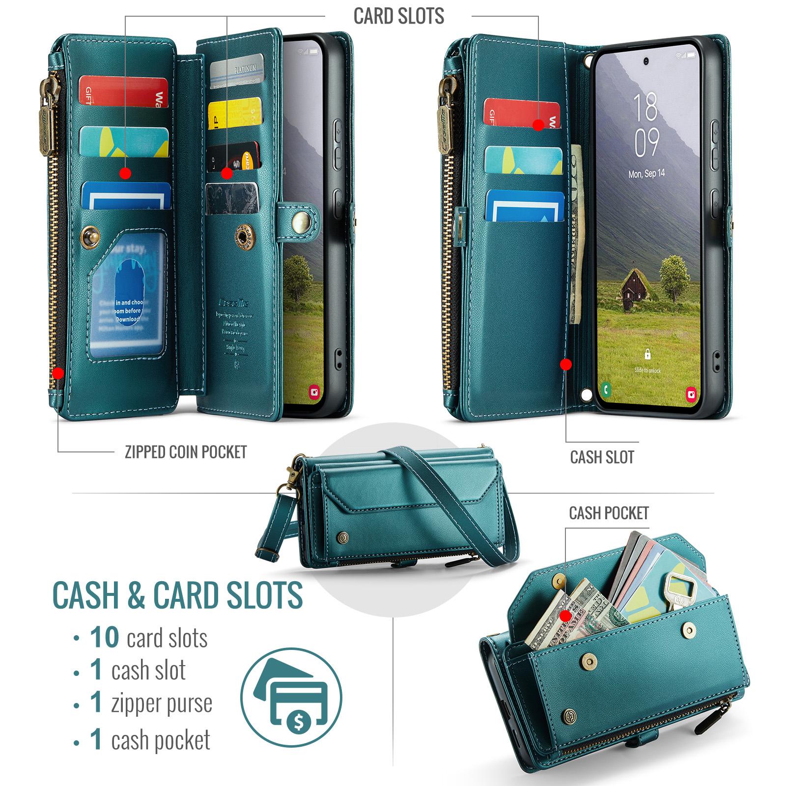 

For Samsung Galaxy S25 Edge Leather Case CASEME C36 Zipper Multiple Card Slots Phone Cover with Straps Wine Red