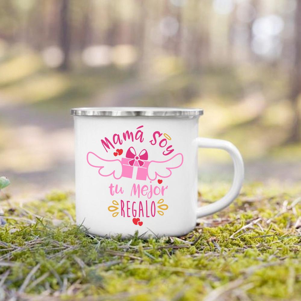 Creative Coffee Cups Best Mom In The Word Spanish Print Mug Camping Handle Mugs Handle Enamel Cup Festive Birthday Gifts for Mom