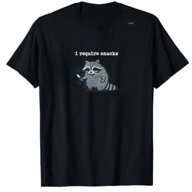 

I Require Snacks Raccoon TShirt Humor Funny Cute Animal Print Y2k Design Tees Graphic Outfit Short Sleeve Blouses Novelty Gift S