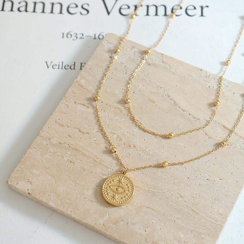 Fashion Simple Design Necklace Stainless Steel Plated 18k Gold Double Round Pendant Necklace