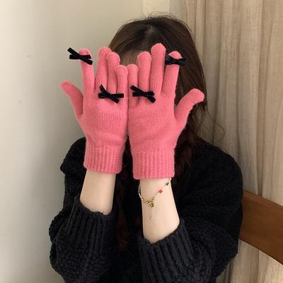 Korean Cute Bow Gloves for Women To Keep Warm In Winter and Ride with Touch Screen New Five Fingered Gloves