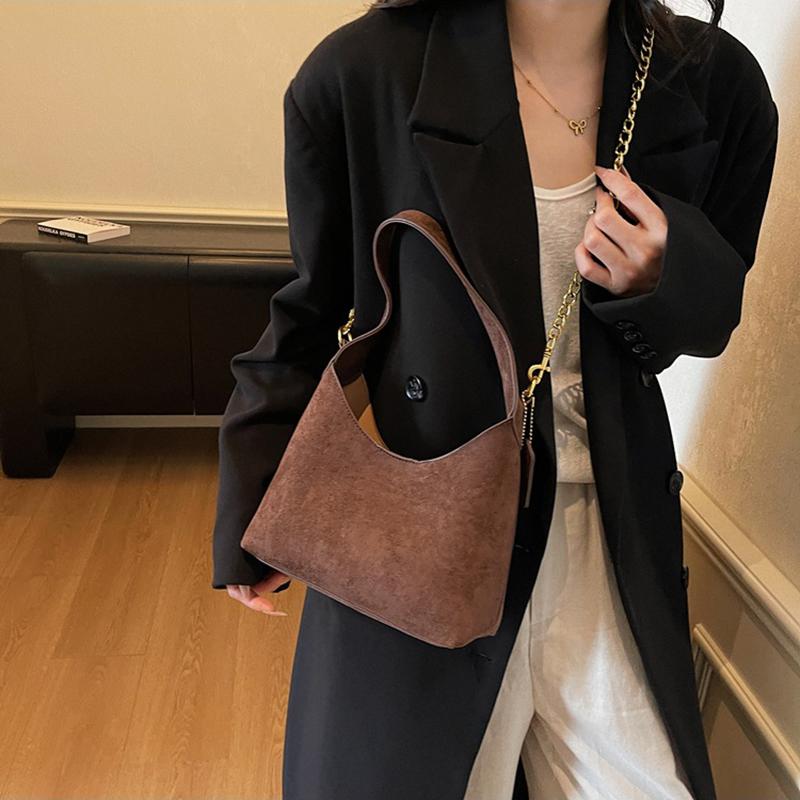 Yogodlns Women's Suede Handbags Solid Frosted Pu Leather Handle Bucket Bags Large Capacity Female Casual Soft Chain Crossbody Packs