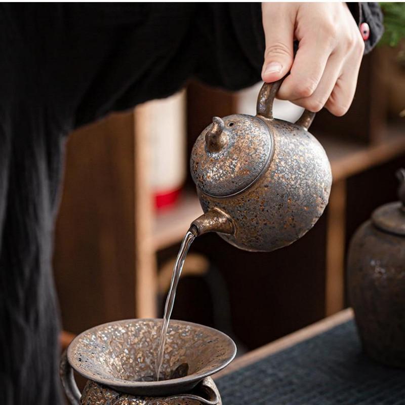 Home Kung Fu Tea Beverage Set Teapot Gilt Tea Maker Japan Style Stoneware Teapot Single Pot Handmade Vintage Ceramic Round Jug Teaware