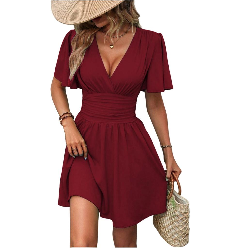 Ladies Summer Deep V-neck Short-sleeved Solid Color Dress
