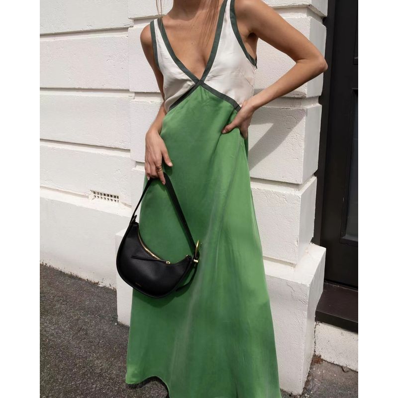 

Fashion New Arrival Fashion V Neck Sleeveless Color Block Swing Dress V-Neck Color Blocking Dress Green L