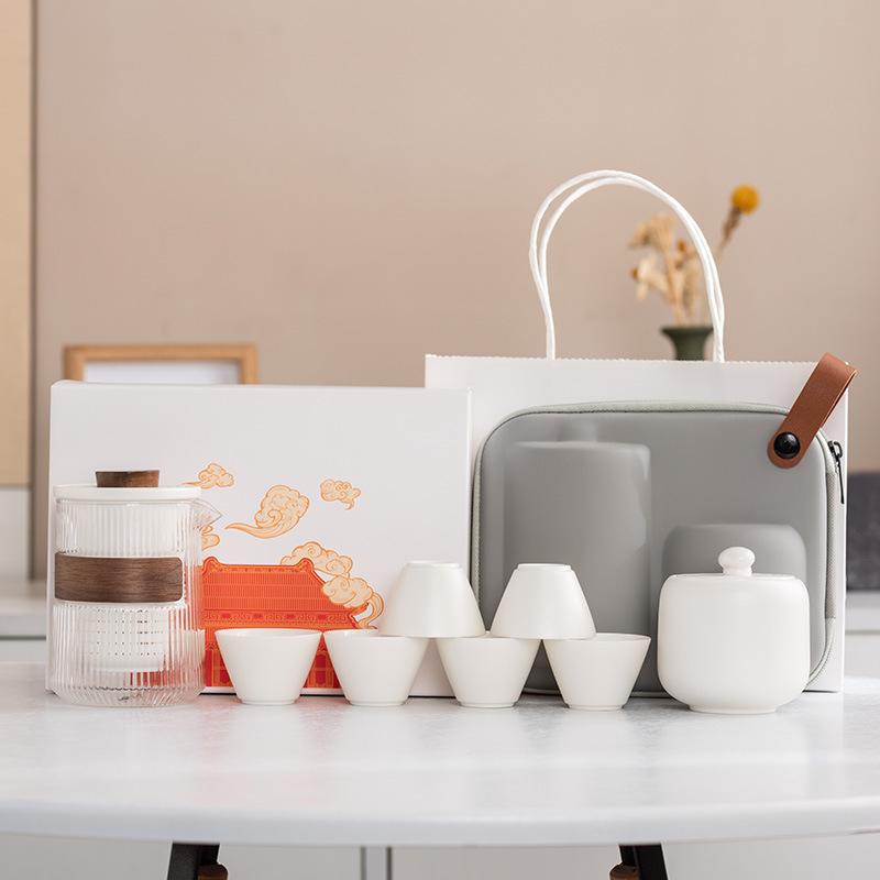 Yuanshan suet jade porcelain travel tea set outdoor set high-end celebration commemorative business souvenir gift box gift bag