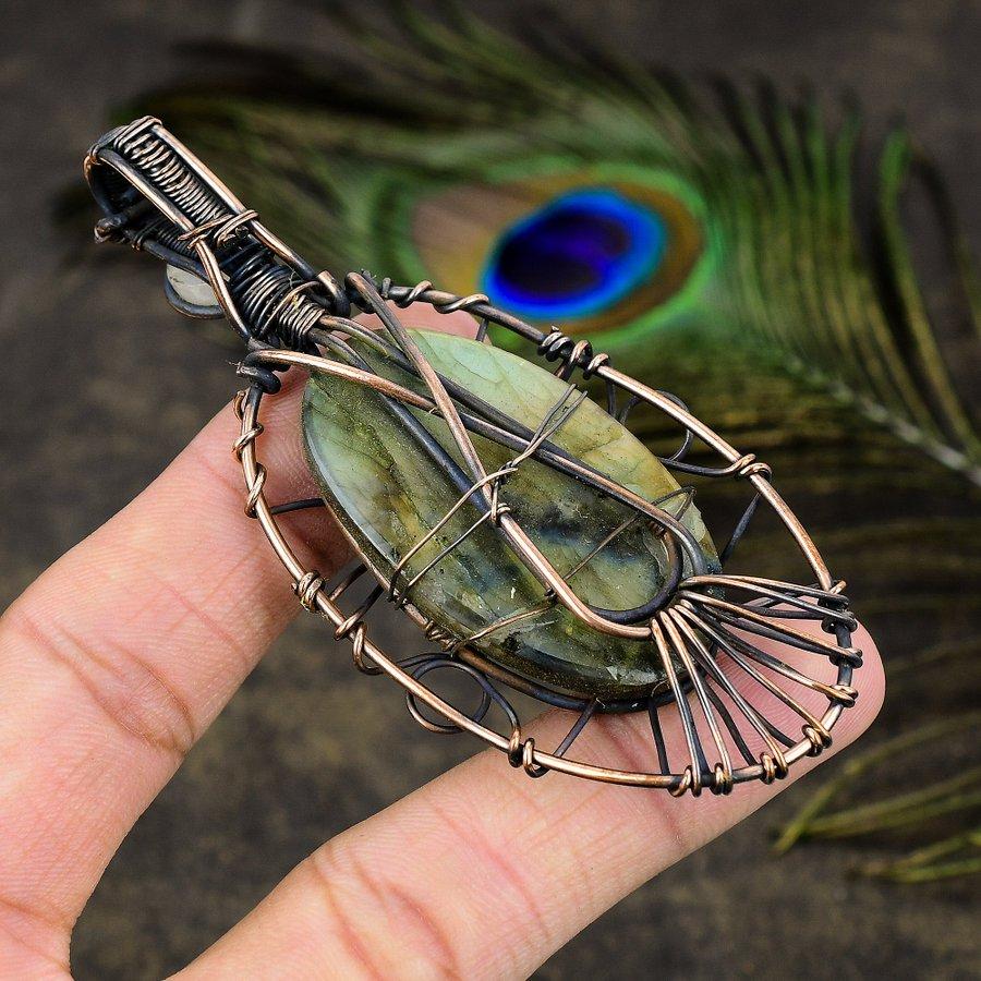 Labradorite, Moonstone Copper Wire Wrap Jewelry Pendant 2.44" l2R56