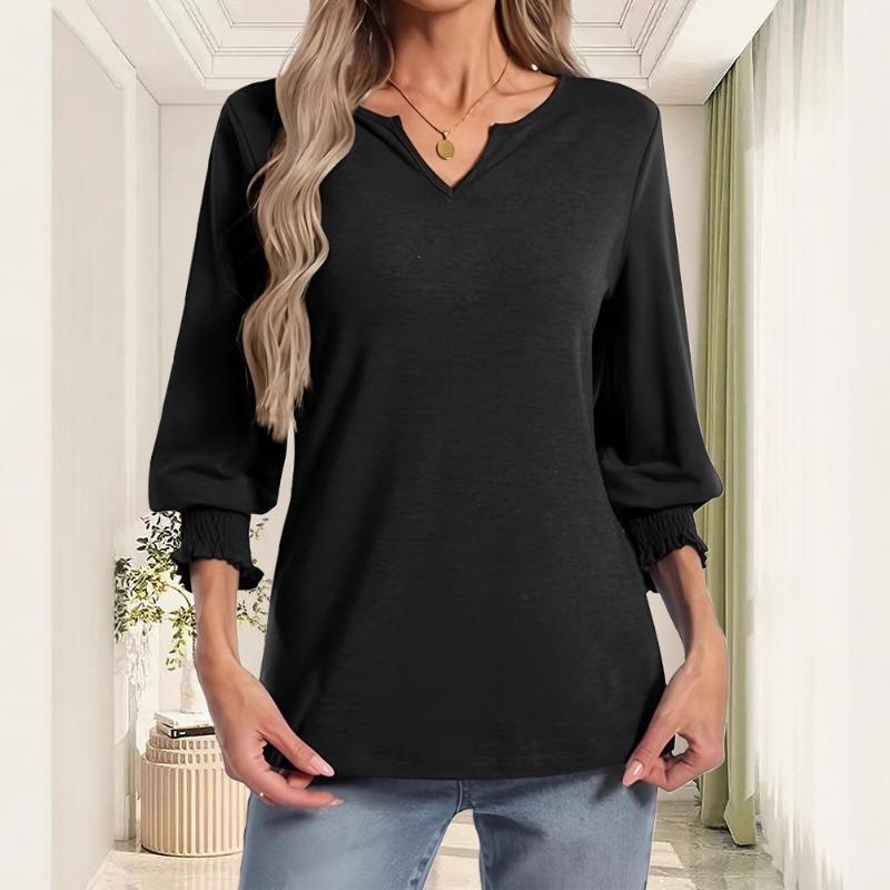 Women Black V Neck 3/4 Puff Sleeve Top Casual Loose Fit Solid Color Blouse Elegant Commute Tunic Shirt