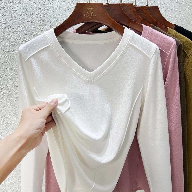 Front shoulder women's spring and summer new fishbone line design top women's bottoming shirt long sleeve t-shirt