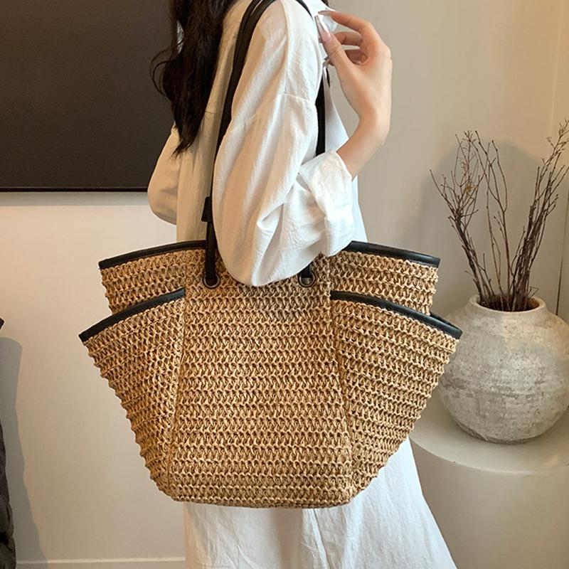 Multi Pockets Summer Beach Straw Shoulder Bag For Women Mesh Durable Travel Handbag Large Capacity Hollow Out Bucket Tote Bag