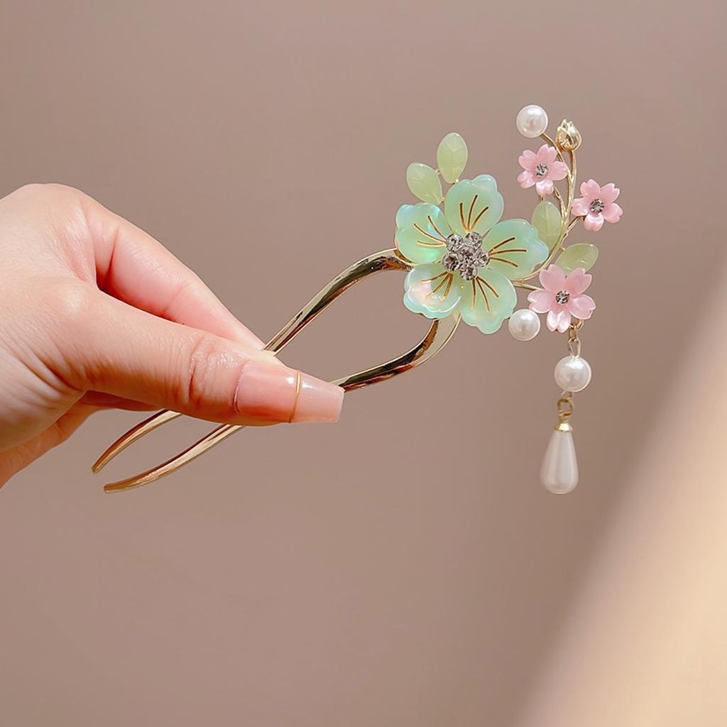 U Shaped Hair Sticks Forks Chinese Fan Shaped Hairpins Side Clips Pearls Pendant Decor Elegant Women Hair Bun Maker Jewelry
