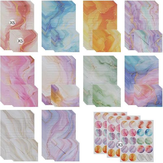 160 Pcs Stationery Paper Set (50 Writing Papers + 50 Matching Envelopes + 60 Round Dot Stickers), Unique Marble Pattern Style Writing Stationery