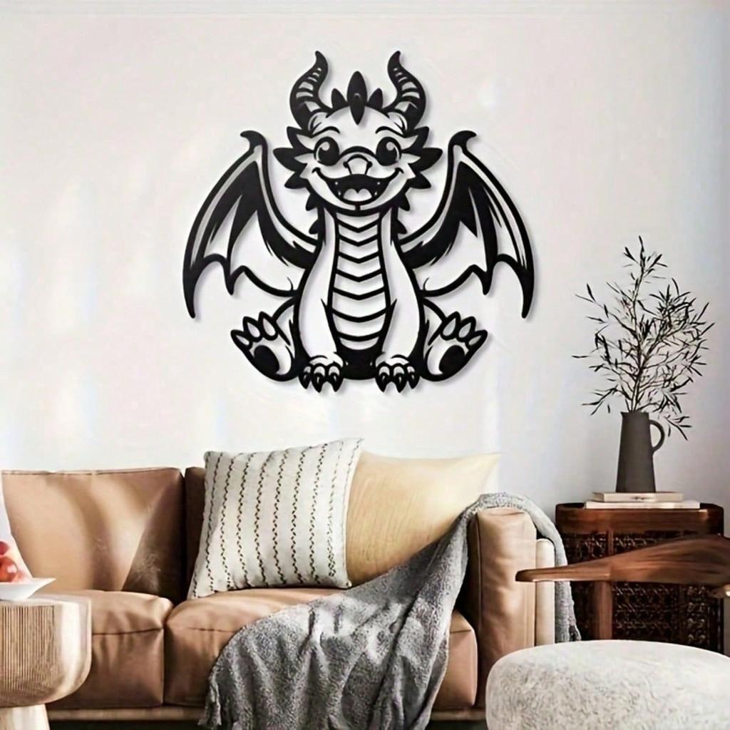 Cute Cartoon Dragon Metal Wall Art, Black & White Iron Decor for Kids Room & Nursery