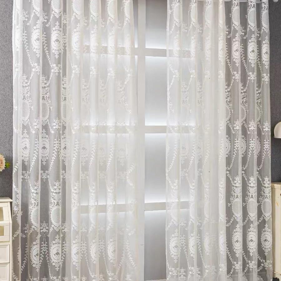 1pc Modern Embroidered Sheer Curtain Panel, 100% Polyester Rod Pocket Window Drapes for Living Room Bedroom, Geometric Pattern