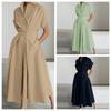 Damen Hemdblusenkleid mit Spitzkragen Kurze Ärmel Lockerer Schnitt Hohe Taille Elegantes Midi Baumwolle Leinen Sommerkleid