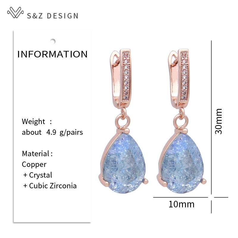 Fashion Water Drop Ice Crack Crystal Dangle Earrings For Women Wedding Rose Gold Color Cubic Zirconia Jewelry