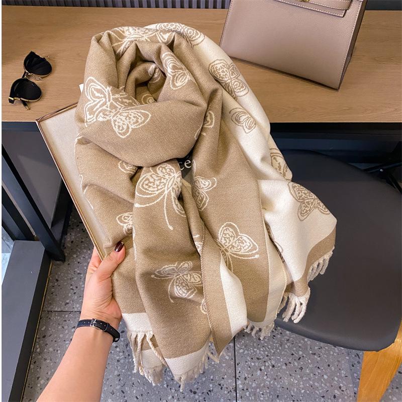 

Very positive~ Cute butterfly double-sided thickened jacquard scarf, winter women s office large shawl to keep warm 195*65cm хаки