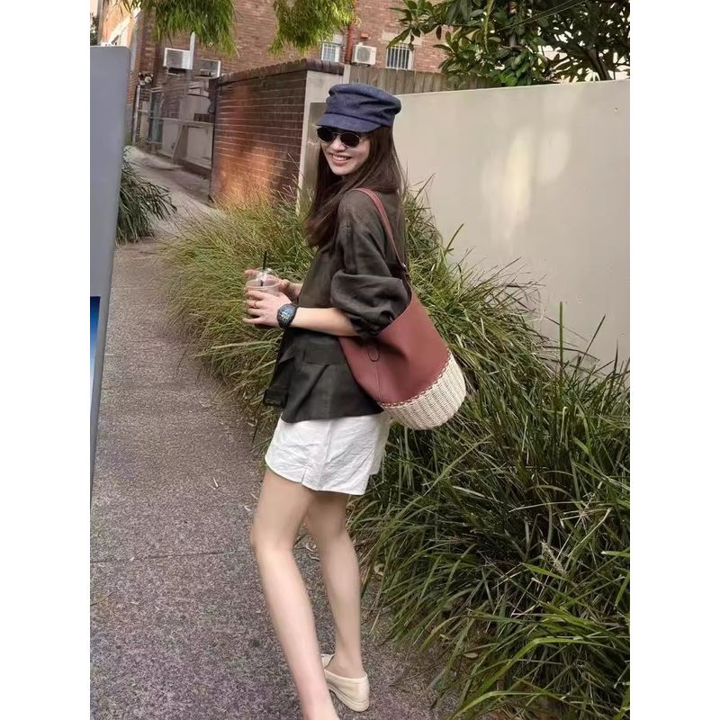 

Rose Live Лето 2025 Стиль Пляжного Отпуска Пэчворк Ручной Плетение Ротанг Легче всего сочетать Сумка-ведро большой вместимости Brown-