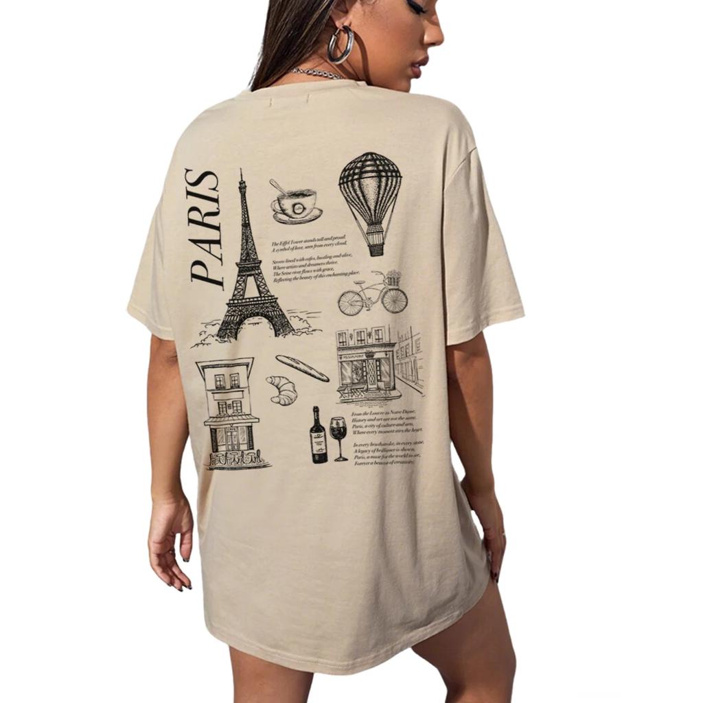 Paris France Loose Streetwear Graphic Tees Women Vintage Aesthetic Travel T Shirt Eiffel Tower Graphic Tees Unisex Vacation Tops