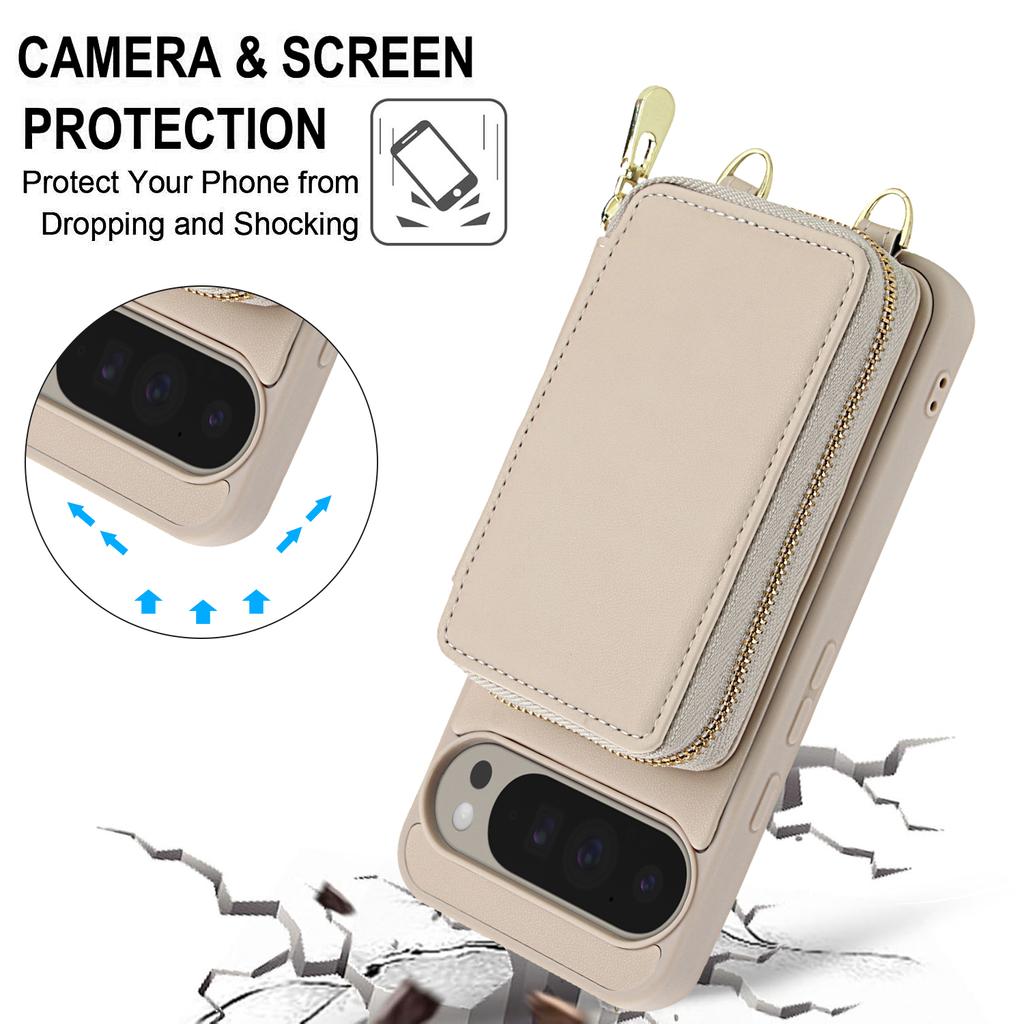 For Google Pixel 9 Pro XL Case RFID Blocking Zipper Wallet Leather + TPU Phone Cover with Shoulder Strap