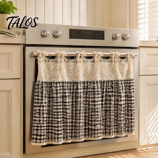 Dustproof Oven Handle Protector Farmhouse Stove Skirt, Plaid Crochet Lace Curtain, Rustic Kitchen Cabinet Decoration Skirt Curtain with Ties