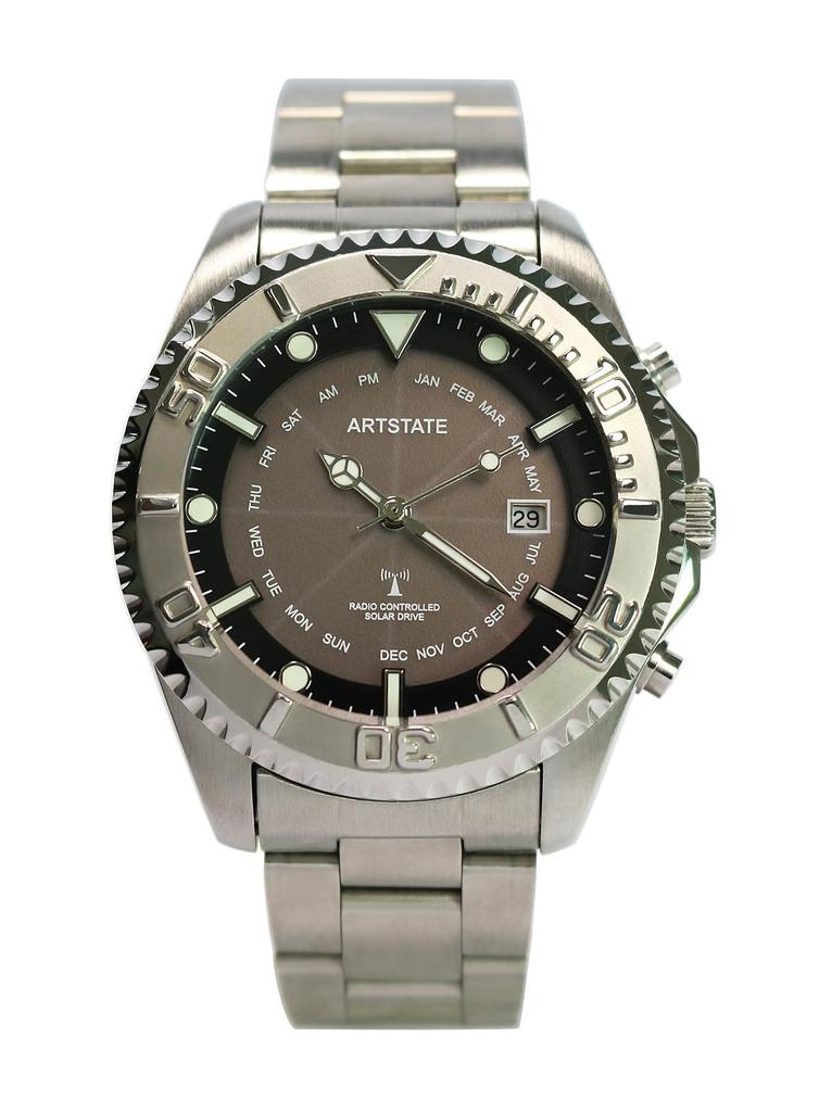 [ARTSTATE AS0259D] Men's Solar Radio-Controlled Watch, Date Display, Stainless Steel, Long Life, 100M Water Resistance (BLACK)