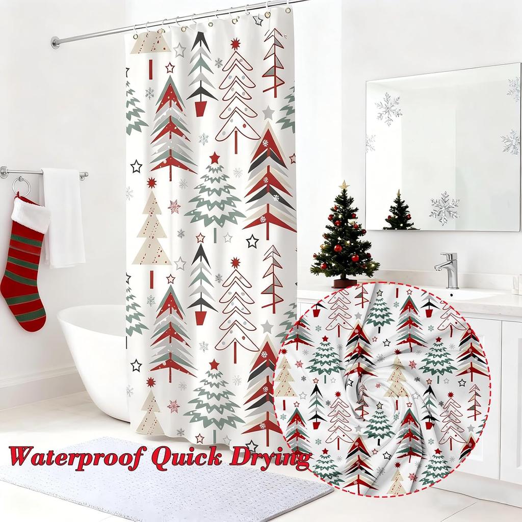 Christmas Shower Curtain 72X72 Inches Waterproof Washable Fabric With 12 Hooks Winter Holiday Xmas Tree Snowflake Bathroom Decor