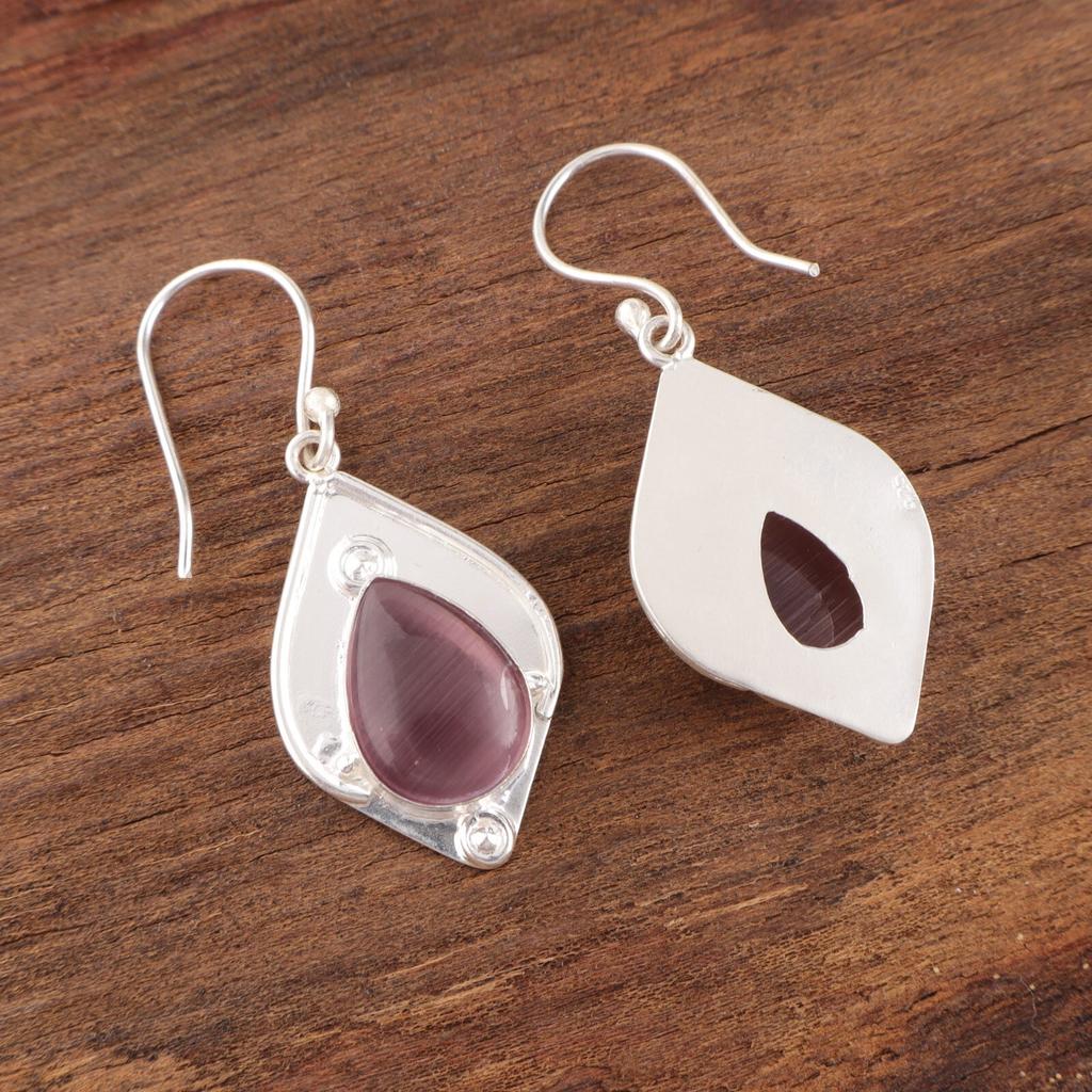 Lila Katzenaugen-Edelstein 925 Gestempeltes Silberschmuck Handgefertigte Ohrringe 1,90" EE-35-45