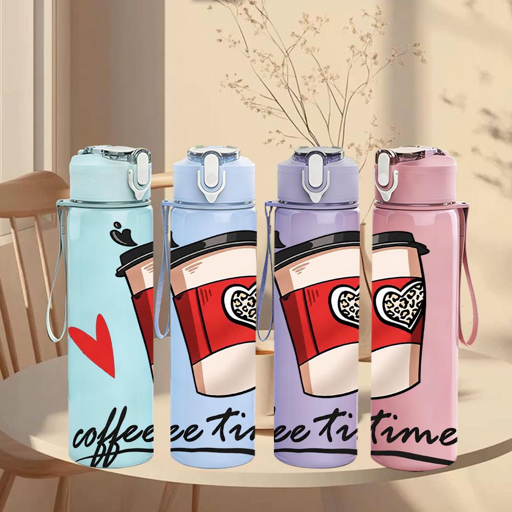 1PC Coffee Cup Red Heart Vintage 750ml Color Plastic Sports Water Bottle Leakproof Flip Straw Lid Suitable for Sports Office Home Use
