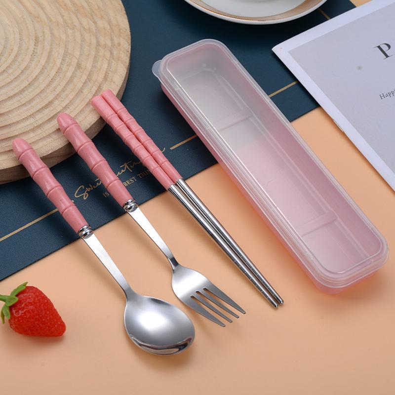 Portable Stainless Steel Cutlery Set: Bamboo Handle Spoon, Fork & Chopsticks for Office & Travel