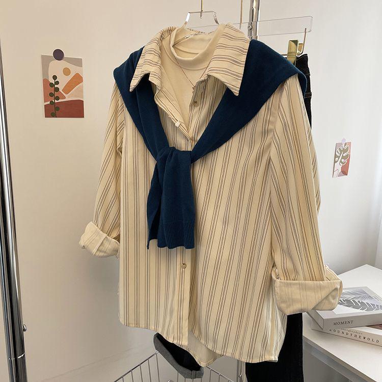 Damen Herbst Retro Kaffee Cord Pinstripe Kragen Langarm Lagenhemd