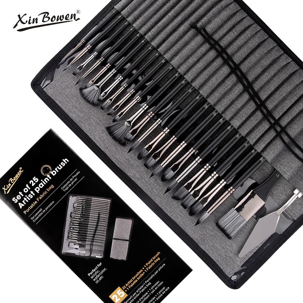 25-Piece Watercolor Oil Painting Brush Set with Wooden Handles and Canvas Bag