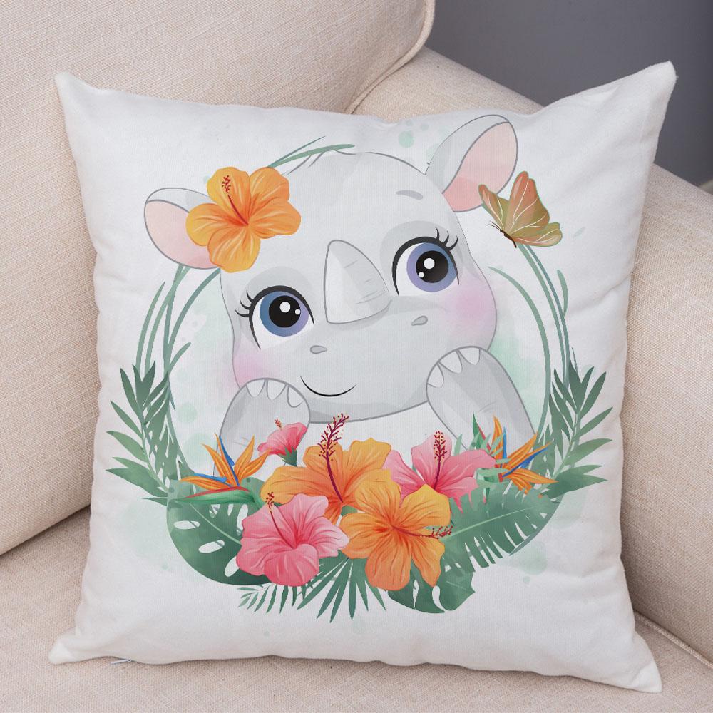 Cartoon Bird and Leaves Pillow Case Decor Cute Animal Lion Cushion Cover for Children Room Sofa Home Plush Pillowcase 45x45cm