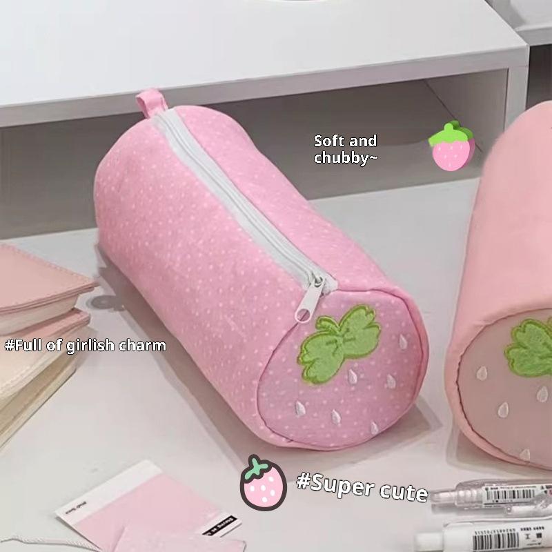 Cute Cream Strawberry Polka Dot Pink Pencil Case Student Stationery Storage Bag For Back To School Pen Supplies Gift