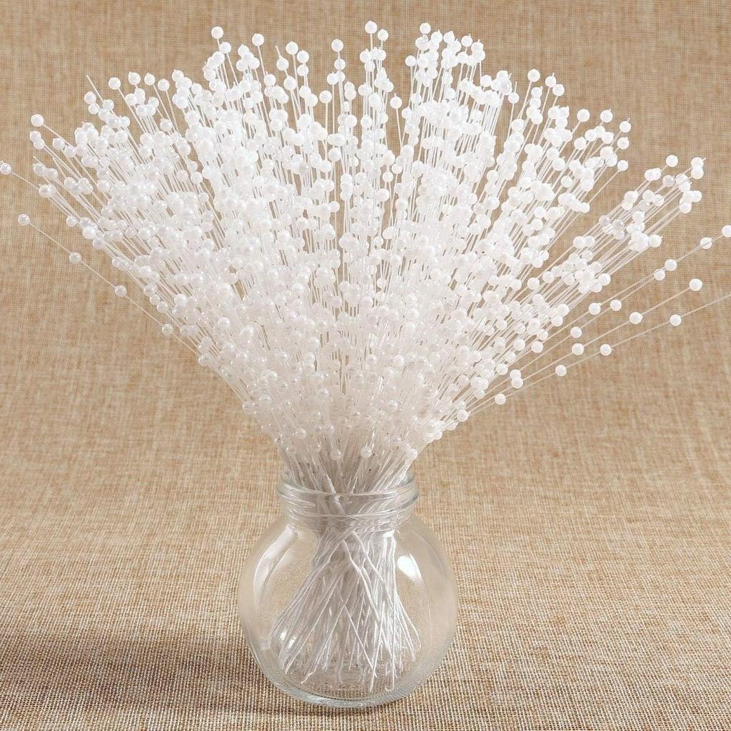 Vpang 100 Stems String Pearls Sticks Beading On Wire Stems for DIY Garland Bridal Wedding Pearl Bouquet Home Wedding Party Decor Craft (White)