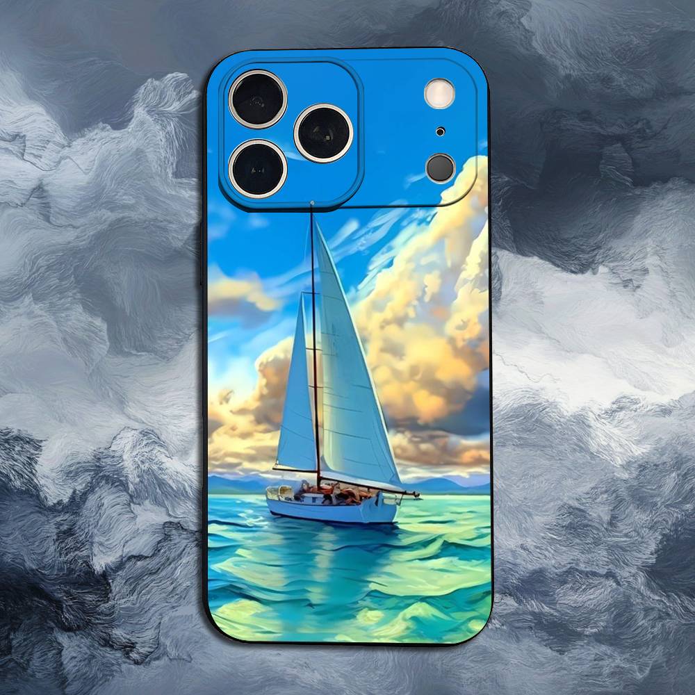 Sailing Boat For iPhone 12,16,11,14,15,17,13,X,Mini,SE,XS,Plus,Pro Max,8,7,XR,Soft Silicone Black Case