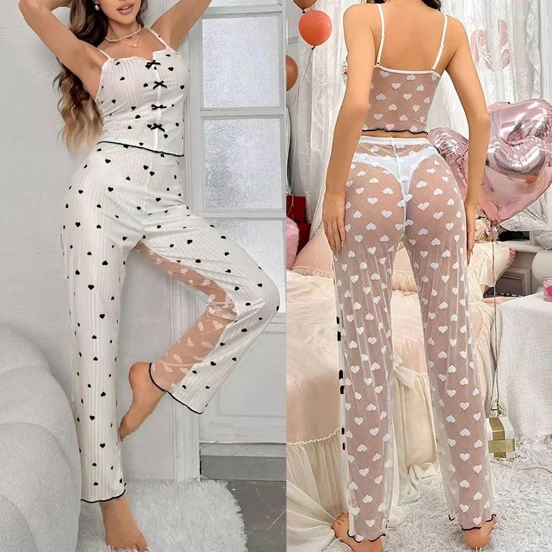 2-Piece Women's Sexy Transparent Mesh Lace Set with Ribbed Printed Strap Top and Pants Home Clothes Pajama Set