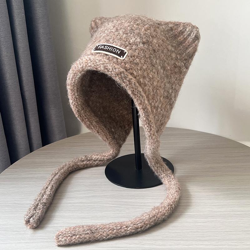 Autumn and Winter Knitted Hats for Girls Cute Ears  Big Head Circumference Woolen Hat  Warm Ear Protection  Face Shaping Small Toe Cap