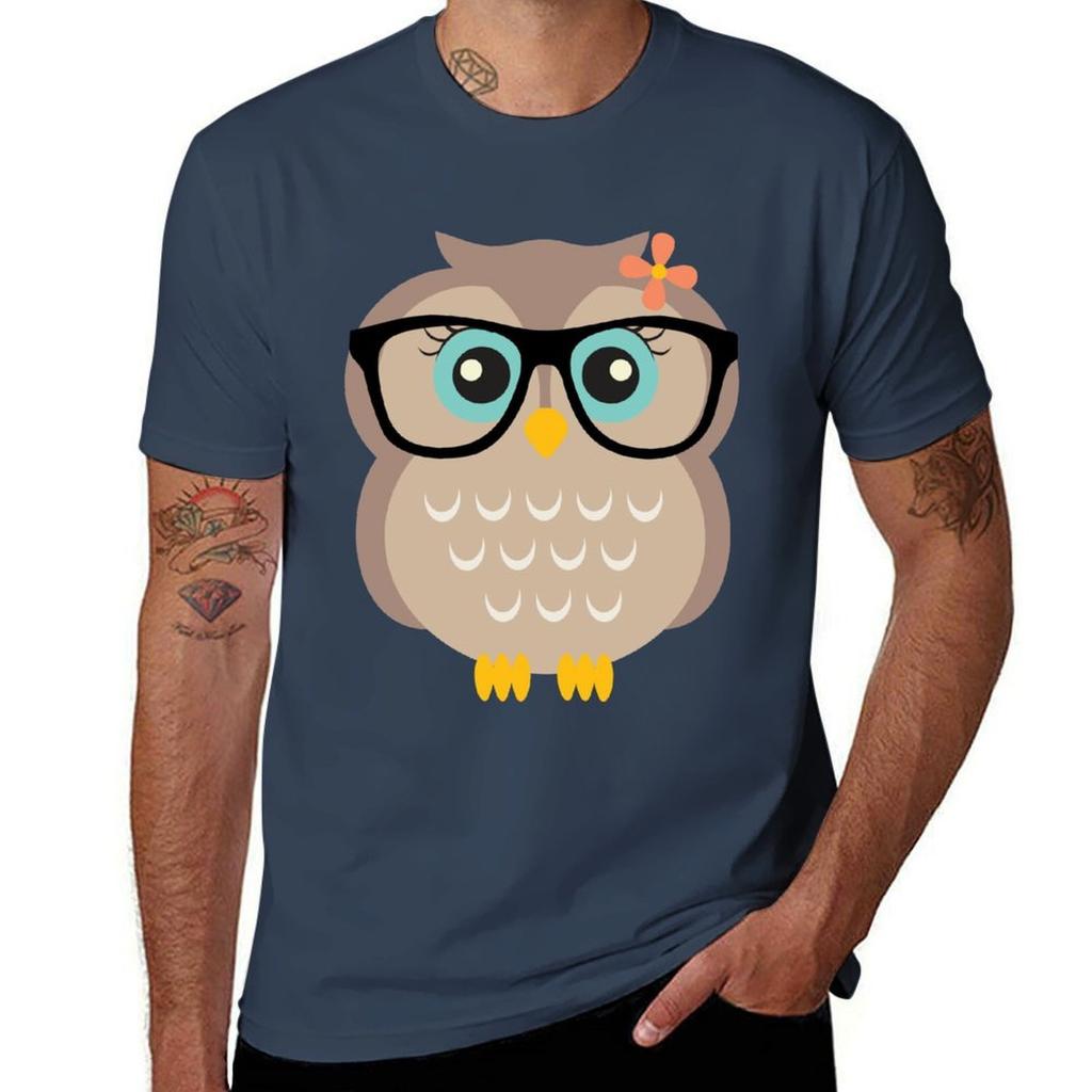 Cute Hipster Girl Owl TShirt Lightweight Basic Short Sleeve Shirt
