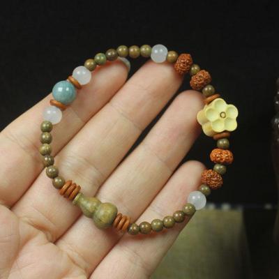 Green Sandalwood 4mm Chinese Style Mixed Bracelet, Flower & Bodhi Prayer Beads Mala, Women Fashion Jewelry Gift