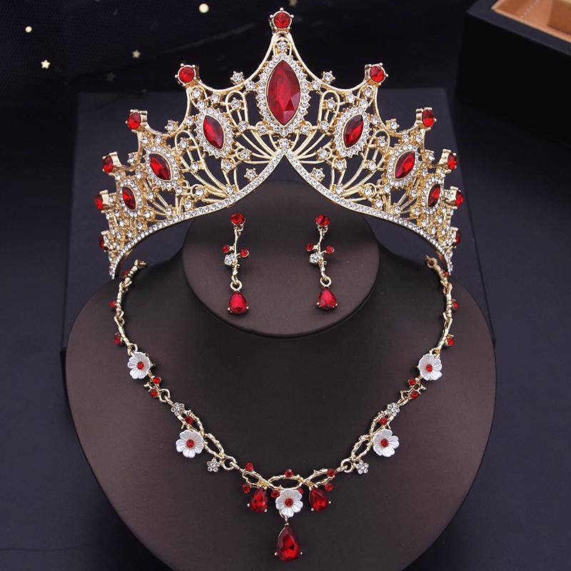 Baroque Tiaras Gold Color Red Crown Necklace Earring Sets Wedding Bridal Jewelry Set Prom Costume Accessories