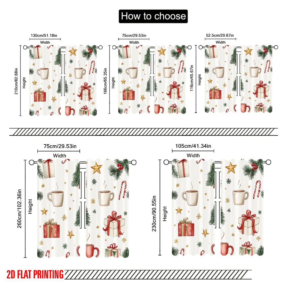2pcs,2D Plane Printing Window Curtain Christmas Tree Gift Mug Snowflake Polyester (without Rod) Festive Ldeal for Bedroom,