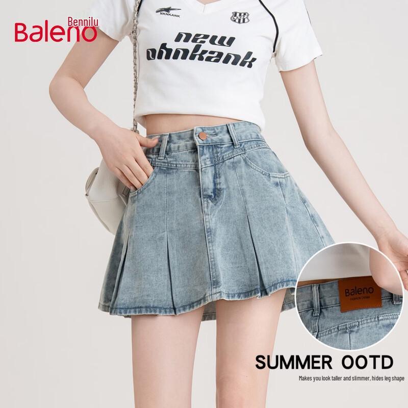 Baleno American Retro Washed Denim A-line Pleated Skirt XS светло-синий