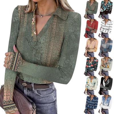 Women's Fashion Casual Print V-Neck Long Sleeve Button-Down Top