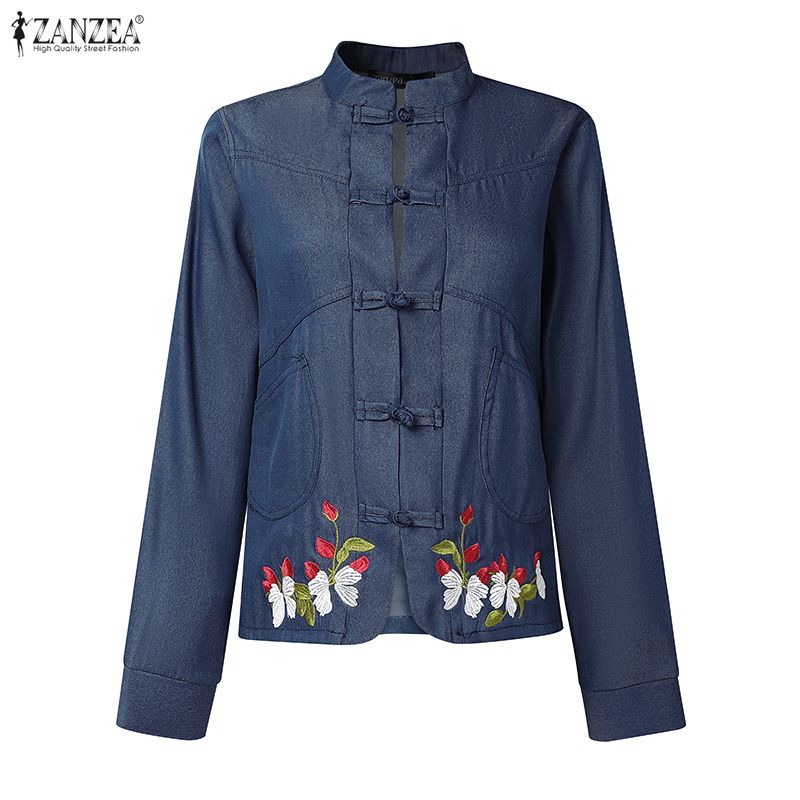 ZANZEA Women Casual Stand Collar Long Sleeve Floral Embroidery Blouse