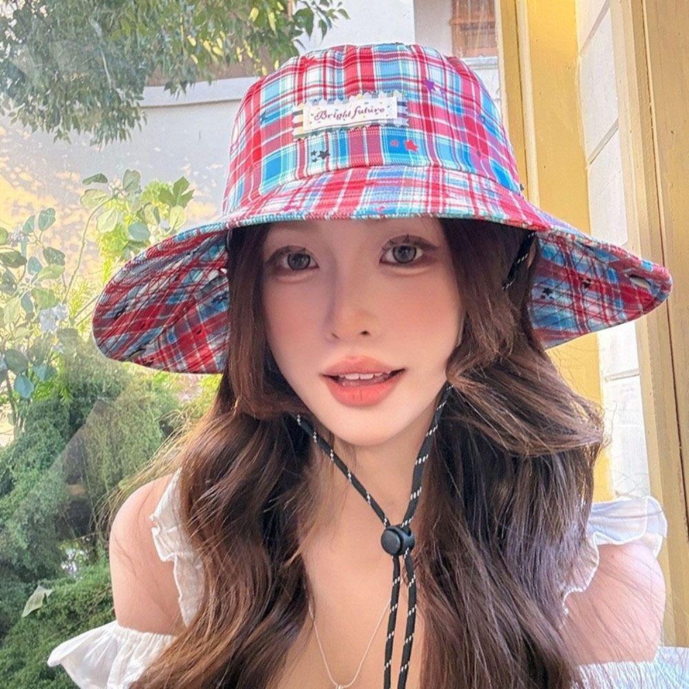 Sun Protection Plaid Fisherman Hat Wide Brim Sunscreen Bucket Hat Casual Women Sun Hat  Travel